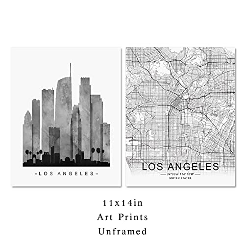 Los Angeles Wall Art, Los Angeles Street Map, Watercolor Skyline Print, Building Wall Decor, Office Wall Art, Los Angeles Map Print, Set Of 2 Prints, 11X14 Inch Unframed #TOP1