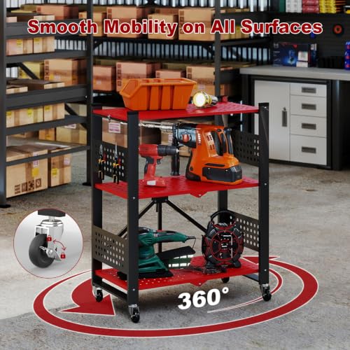 Image of 3-Tier Folding Shelf with Roller Casters for Storage Required. | Heavy-duty steel folding shelf Side Pegboard Construction Garage Shelves, Red And Black Perforated Shelves, No assembly
