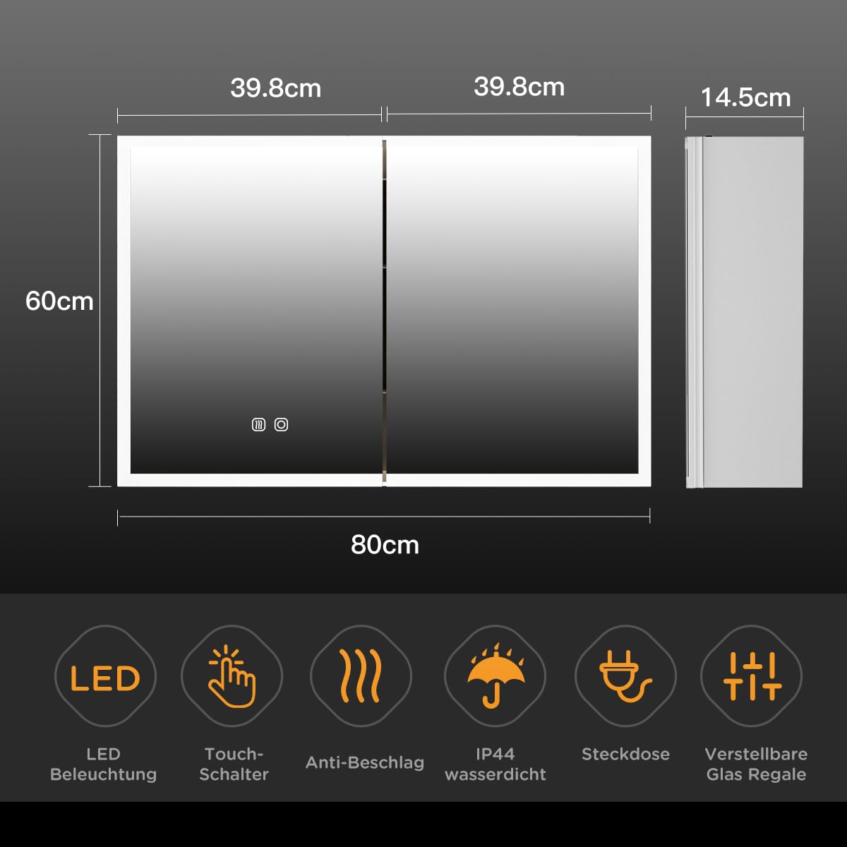 Spiegelschrank Bad mit Beleuchtung 80x60 – LED Badspiegel mit Ablage, Steckdose, Antibeschlag, Touch-Schalter – Wandmontage für modernes Badezimmer