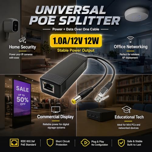 PoE Splitter 12W, 48V to 12V 1A Gigabit IEEE 802.3af Compliant PoE Adapter with 6kV Surge Protection, Power over Ethernet Splitter for Security IP Camera, Non-PoE Devices 12W 5.5x2.1mm DC Plug Gigabit — view 3