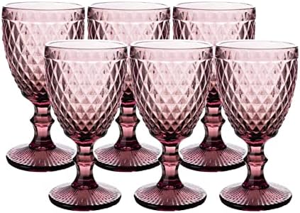 NiLor Colored Glass Goblet Vintage Set of 6 Diamond Design Pressed Pattern, Pink Wine Glasses, Party Glasses, Drinking Glass, Wine Glass, Wedding Goblet 12 Ounce (Pink)