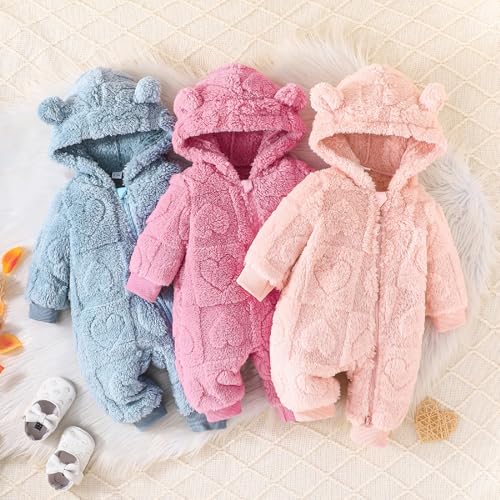 Winmany Neugeborenes Baby Winter Schneeanzug Bär Fleece mit Kapuze Jumpsuit Herz Strampler Wintermantel Outwear für Jungen Mädchen (Blau, 9-12M)