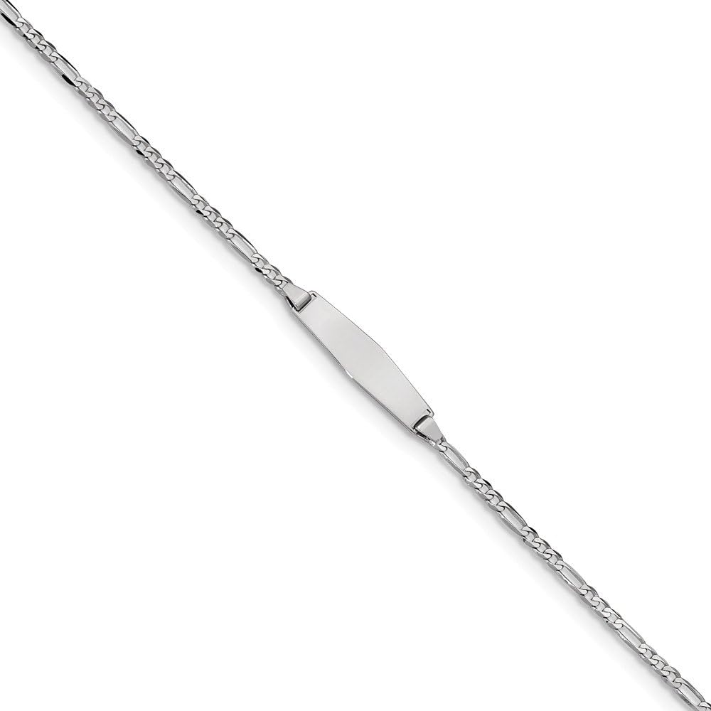 Solid 14k White Gold Figaro Link Soft Diamond-Shape ID Bracelet Engravable Identification Name Bar Tag - with Secure Lobster Lock Clasp 7" (Width = 5mm)