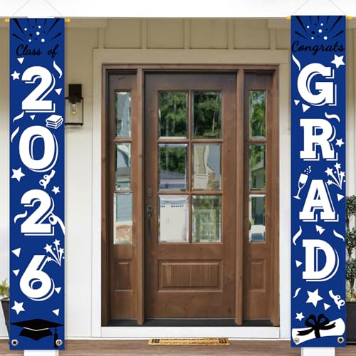 Image of Graduation Porch Banner Class Sign Congrats Grad Hanging Flags High School College University Party Decoration For Front Door Outdoor Blue White