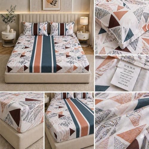 Image of Castiqa Elastic Fitted Supersoft Premium Brushed Cotton 200TC Double Bedsheets King Size 78x72 Inch with 2 Pillow Covers (Fits Upto Mattress of 8 Inches) (Green White Triangle)