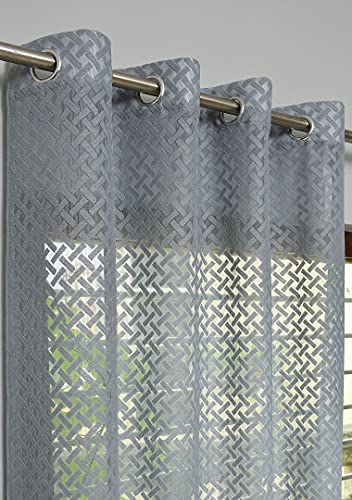 Image of Sheer Net Semi Transparent Home Decor Curtains for Living Room, Balcony Doors and Windows Panel, Parda, Eyelets Hanging, Grey Criss-Cross, 4 x 5 Feet, Pack of 2