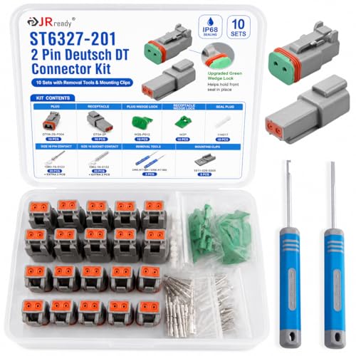 JRready 2 Pin Deutsch DT Connector Kit 10 Sets with Pin Removal Tool and Mounting Clips Size 16 Stamped Contacts 14-18 AWG Gray Waterproof Automotive Electrical Wire Harness Repair Set ST6327-201