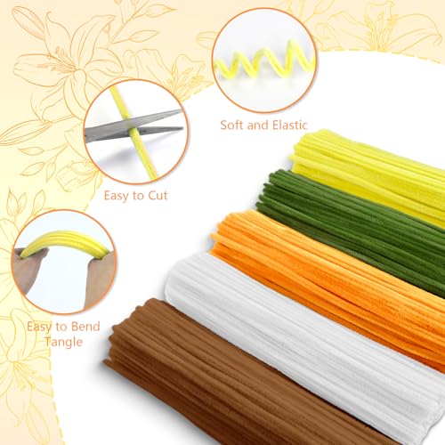 Image of 400 Pcs Pipe Cleaners Craft, 5 Assorted Colors Pipe Cleaners Bulk | Chenille Stems for DIY Flower Making Kit with Floral Wires, Gardening Tape,Stamen& Ribbon (Sunflowers)