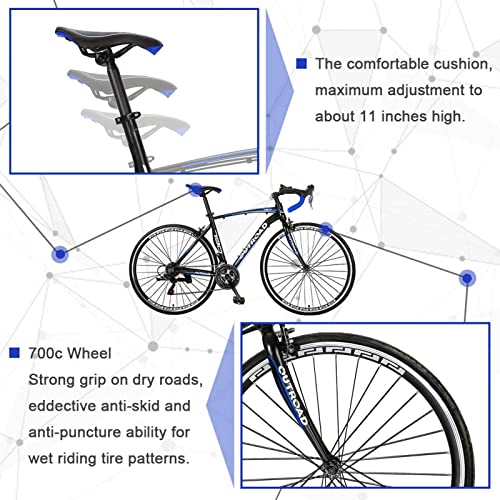 Paname 26 Inch Road Bike For Men And Women, 700C Wheels Racing Bicycle With 21 Speed Shimano Shifter, Commuter Bicycle With 54 Cm Aluminum Alloy Frame, Dual Disc Brakes, Multiple Color (Ft-Blue) #TOP3