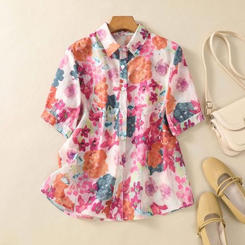 Image of Gufrina Women Mustard Multicolor Floral Print Button-Down Shirt with Elbow Sleeves and Collar Neck in Soft Breathable Fabric Ideal for Casual wear and Relaxed Styling