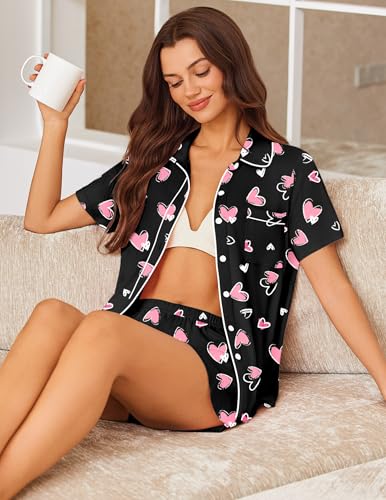 Image of Ekouaer Womens Pajama Sets Button Down Lounge Set 2 Piece Loungewear Soft Sleepwear Short Sleeve Pjs with Pockets