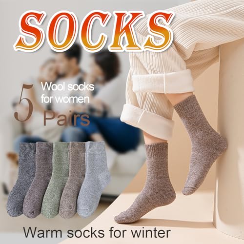 Image of Josnown Thermal Warm Boot Socks for Women, 5 Pairs Winter Thick Cozy Hiking Crew Comfy Socks Full Cushioned, Size 5-10