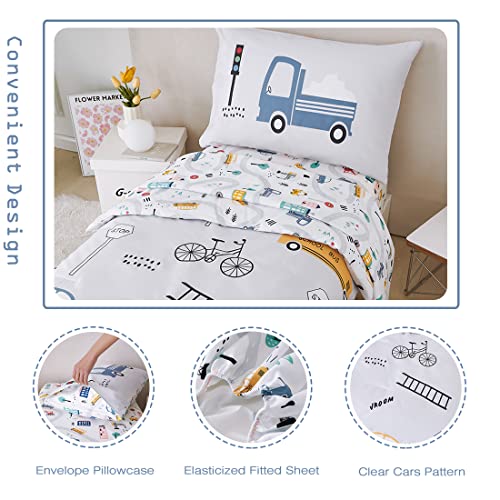 Image of PERFEMET 4 Pcs Toddler Bedding Set - Soft Reversible Cars, Bus, Trucks Print Toddler Bed Set for Boys & Girls - Matching Sheet Set (Light Grey, Taxis /Bus /Trucks)