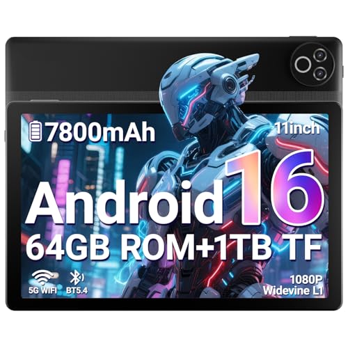 Android 16 Tablet, 11 Inch Tablet with 20GB RAM+64GB ROM/1TB TF, 7800mAh Android Tablets, 5G WiFi | Widevine L1 | Bluetooth 5.4 | 5MP+8MP | OTG | 1080P - Black