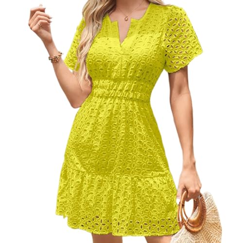 Robe courte en dentelle col en V pour femme avec taille élastique froncée jaune