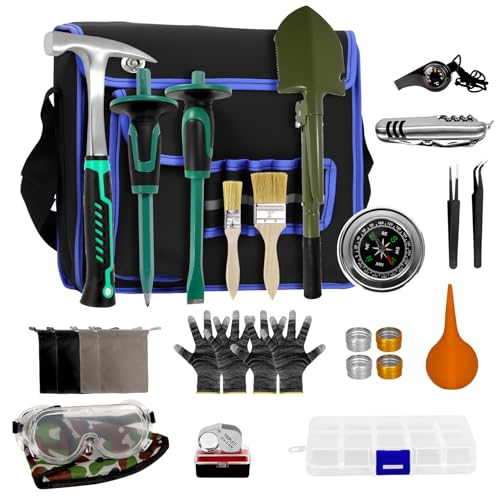 25PCS Rock Hammer Kit for Rock Hounding Complete Geology Kit with 32oz Rock Hammer and 2Pcs Chisel Set Folding Shovel for Rock Hounding Gold Mining Rock Hammer Geology Tools