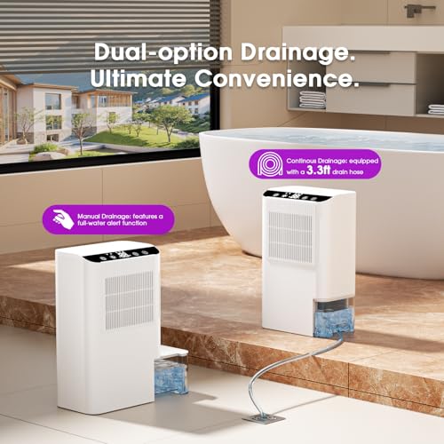 Image of Dehumidifiers for Home, 2000 Sq.Ft Small Dehumidifier with 3.3ft Drain Hose, 2.5L Tank, Timer Sleep Mode, Portable Dehumidifier for Basement, Bedroom, Bathroom (Sweet White)