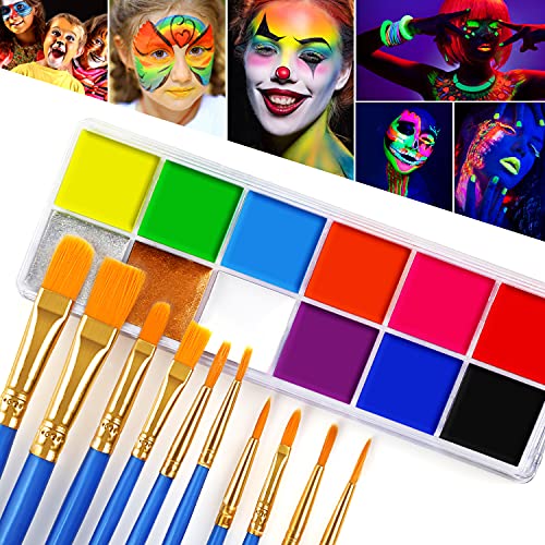 Face Body Paint With Makeup Brushes,DE’LANCI Professional Neon Glow In Dark UV Blacklight Face Painting, Non Toxic Long Lasting Tattoo for Cosplay,Artist Party,Festival,SFX,Halloween Make up-Adult/Kid