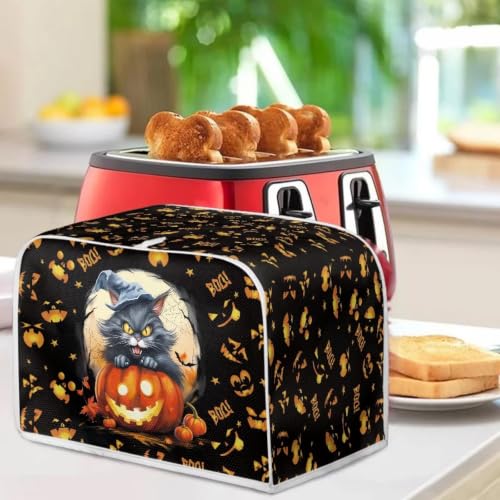 Image of Talayituse Halloween Cat Pumpkin Bat Print 2 Slice Toaster Dust Covers Kitchen Small Appliance Cover, Stain Resistant Dust Protection Bread Machine Cover with Top Handle Halloween Decor, S