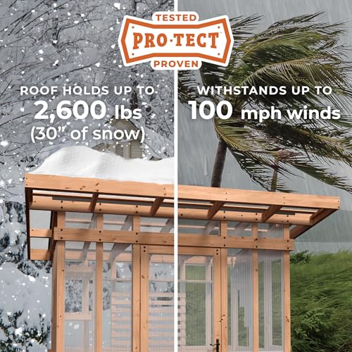 Image of Backyard Discovery Poppy 9' x 6' Cedar Wood and Polycarbonate Walk-in Greenhouse Kit with Exhaust Fan, Windows, Hose Hook-Ups, PowerPort, Staging Shelves, Plant Hooks for Year-Round Outdoor Gardening