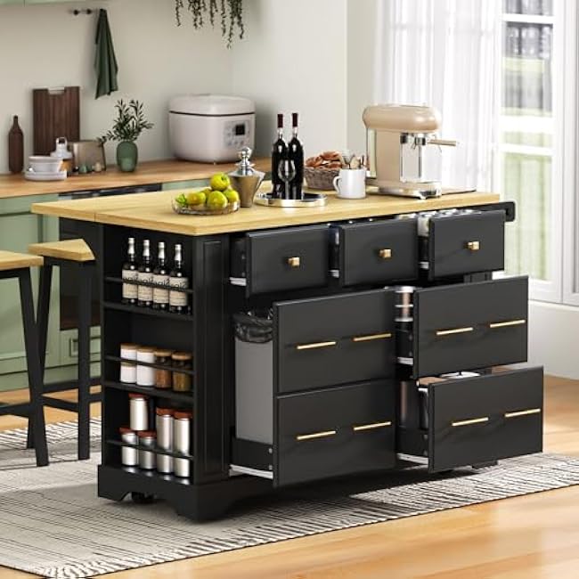 51 Kitchen Island with Pull Out Trash Can Storage & Drop Leaf,Folding Island Table with 6 Drawers,Rolling Kitchen Cart with Open Side Racks,Dining Island Table with Towel Rack,Power Outlet (Black)-DHcBjfyY
