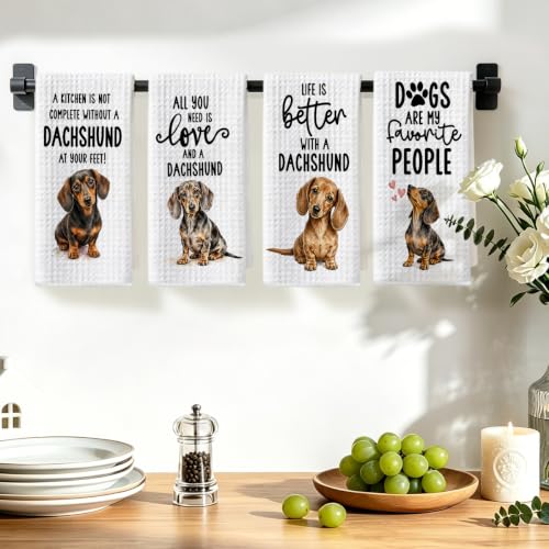 Image of 4 Pcs Funny Dachshund Kitchen Towels, Dachshund Gifts Reusable Dish Towels