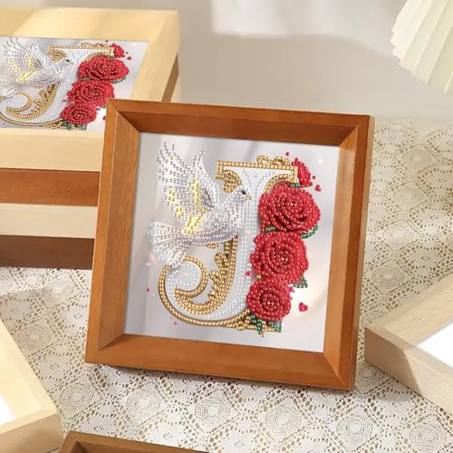 Image of AiYuanzsh 5D Diamond Art Kits for Adults Letter J, Joyful Floral Rose & Dove Special Shape Diamond Painting for Beginners, DIY Initial Diamond Art Craft for Home Wall Decoration 17x17cm