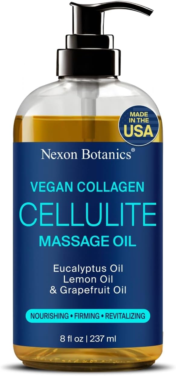 Anti-Cellulite Massage Oil for Massage Therapy 8 fl oz – Vegan Collagen Oil for Thighs, Butt, and Legs – Reduces Cellulite for Women and Men – Nexon Botanics
