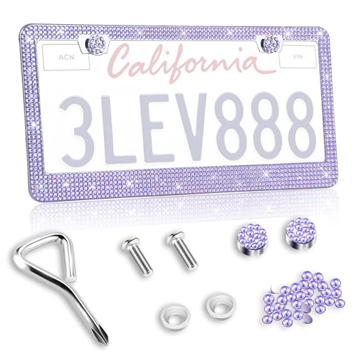 LevChall 1 Pack Bling License Plate Frames Bedazzled Sparkly Cute Water Diamond Stainless SteelCar Accessories with Diamond Sparkle Glitter CapsSuitable for Both Men and WomenPurple