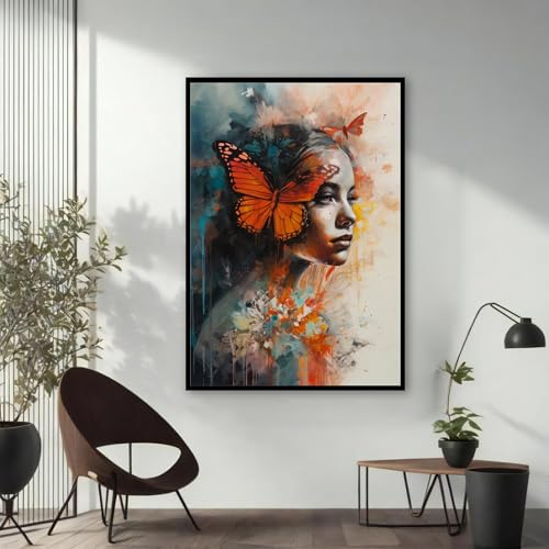 Peinture abstraite esthétique Femme au papillon orange sur toile haut de gamme - 2