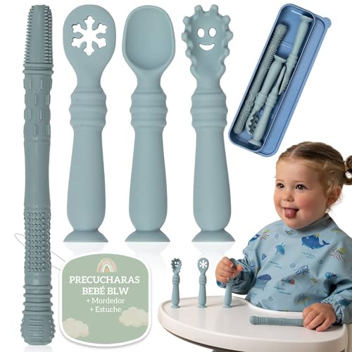 Bornealand Precucharas Bebe BLW Con Ventosa En La Base + Mordedor + Estuche, Incluye Cuchara Silicona Bebé, Cuchara Bebe Aprendizaje, Cubiertos Infantiles, Colheres Bebe (Azul)