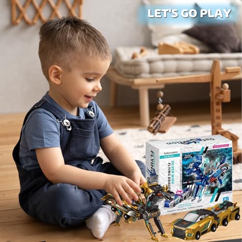 Image of Collision Transforming Dinosaur Car Toy, Magnetic Dinosaur Transformer Car for Boys & Girls Party Favors Birthday Christmas (Gold)