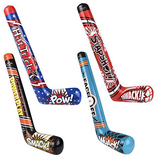 ArtCreativity Hockey Stick Inflates, Set of 4, Inflatable Hockey Party Decorations, Fun Assorted Designs, Sports Birthday Party Favors, Unique Pool Toys for Kids, Cool Boys Room Decor