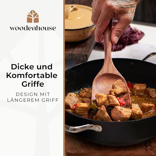 Holz-Kochbesteck-Set-mit-Halter-Pfannenwender-Kochloeffel-Schoepfkelle-Nudelheber-Servierloeffel-Sieb--mit-Haken-Halter-und-Ablage--13-teiliges-Set-Kuechenset--hochwertig-nachhaltig : Aus-Holz-gemacht....