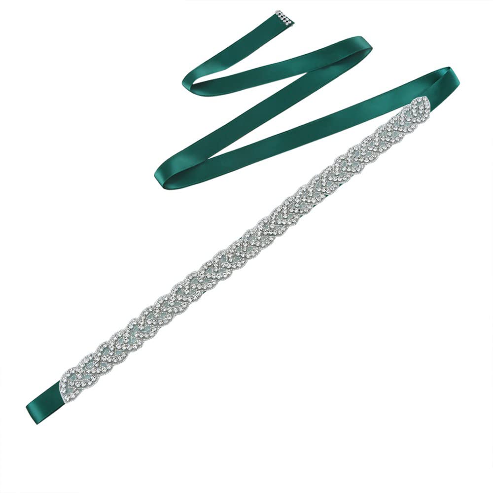 Cinturón de Boda de Diamantes de Imitación de Wambere para Novia y Dama de Honor, con Cinta Verde Oscuro