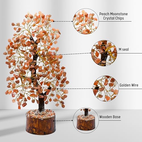 Image of Certified Peach Moonstone Crystal Tree for Good Luck - Healing Crystals Money Tree for Wealth, Positive Energy at Home Office - Decorative Spiritual Gifts for Vastu, House Warming