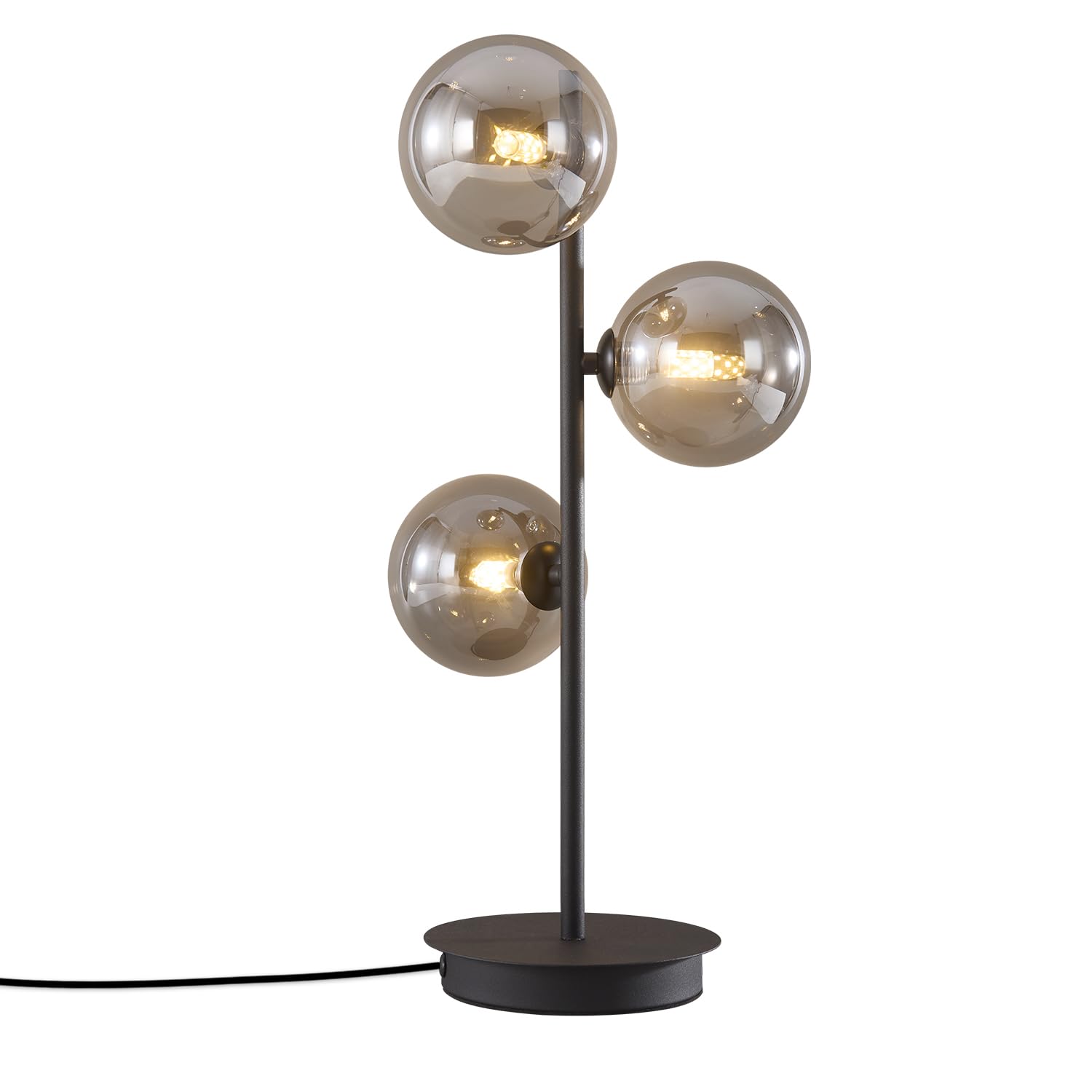Mid Century Globe Table Lamp Modern 3 Lights Gold Desk Lamp Contemporary White Glass Globe Reading Lamp for Bedroom Living Room Study Room (Smoky Grey)