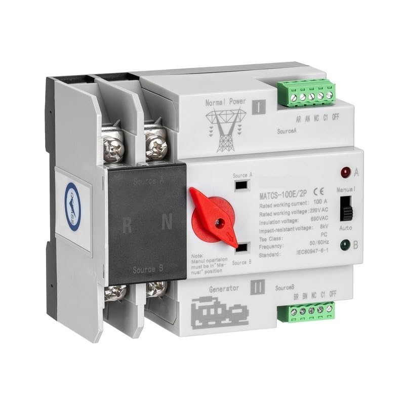 MATCS-100E/2P 100A 220VAC Dual Power Transfer Switch PC Type, DIN-Rail Mounting, Red Handle
