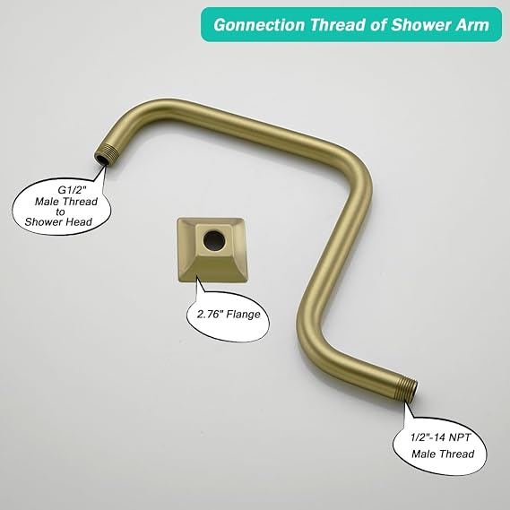 13 Gooseneck (S-Shape) Shower Arm Gold Shower Head Extension with Unique Flange, Standard 1/2 Connection