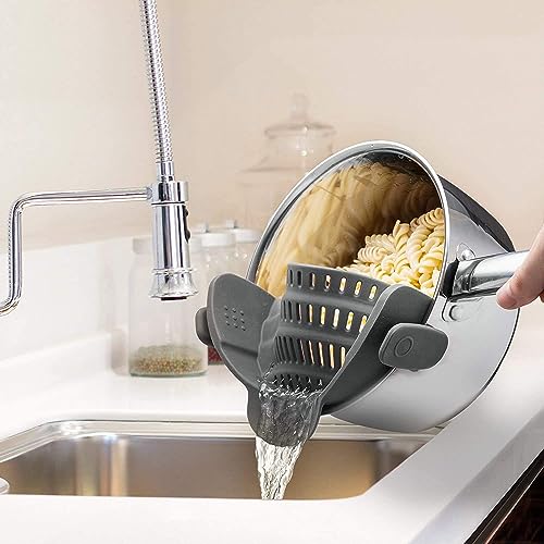 Kitchen Gizmo Snap N' Strain - Silicone Clip-On Strainer for Pots and Pans - Heat Resistant Colander - Space-Saving Kitchen Gadget - Grey