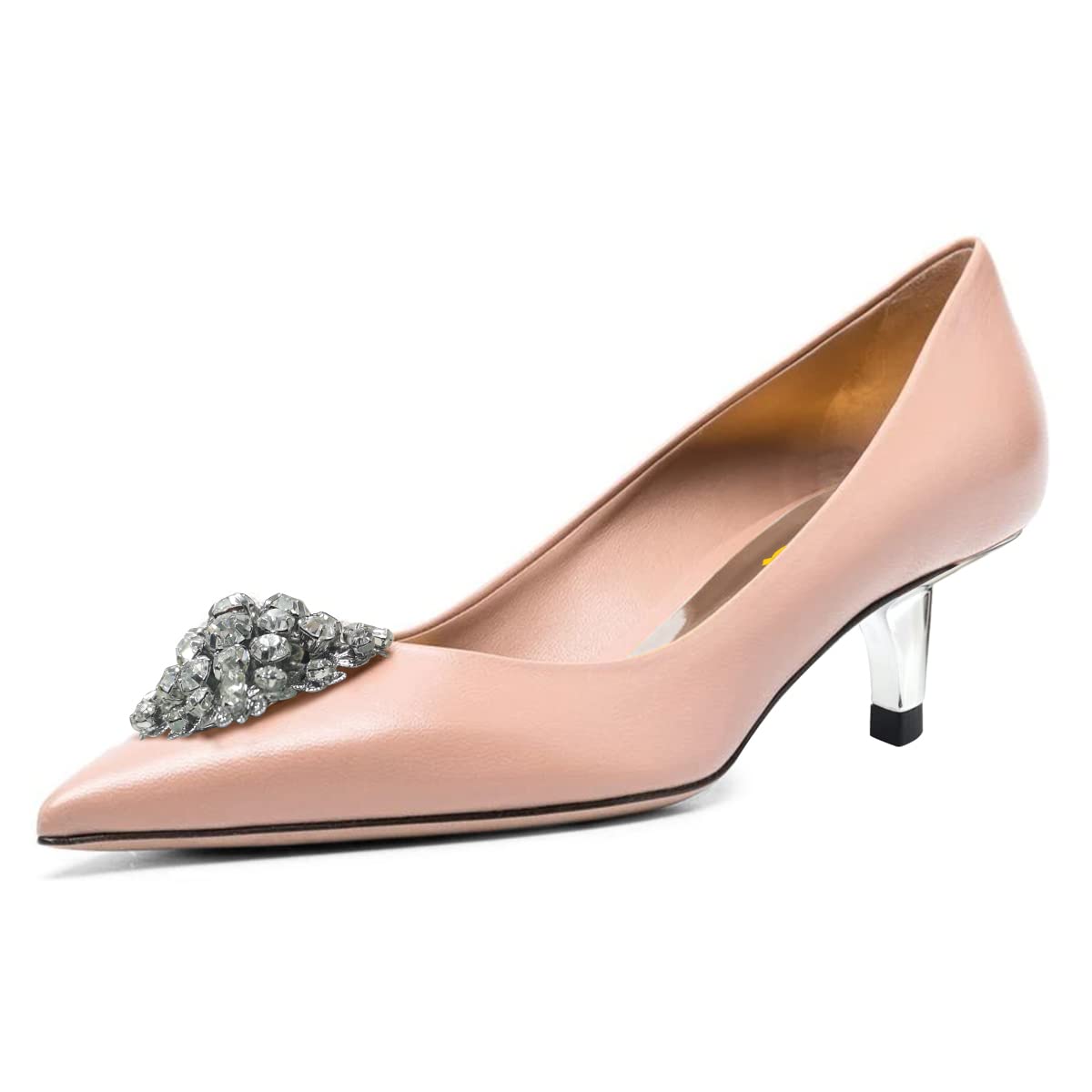 FSJ Women Pointed Toe Low Kitten Heel Pumps Studded Crystal Buckle Slip On Comfort Ladies Daily Dressy Shoes Size 4-15 US