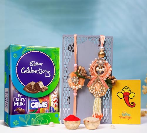 Image of CraftVatika Rakhi Chocolate Gift Combo For Brother And Bhabhi Couple Rakhi For Bhaiya Bhabhi With Celebration Chocolate Gift Hamper, Thread Kundan Lumba Pair Couple,100 G