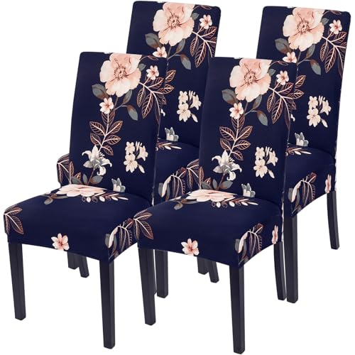 Image of SearchI Dining Room Chair Covers Slipcovers Set of 4, Spandex Super Fit Stretch Removable Washable Kitchen Parsons Chair Covers Protector for Dining Room,Hotel,Ceremony, Navy+Flowers