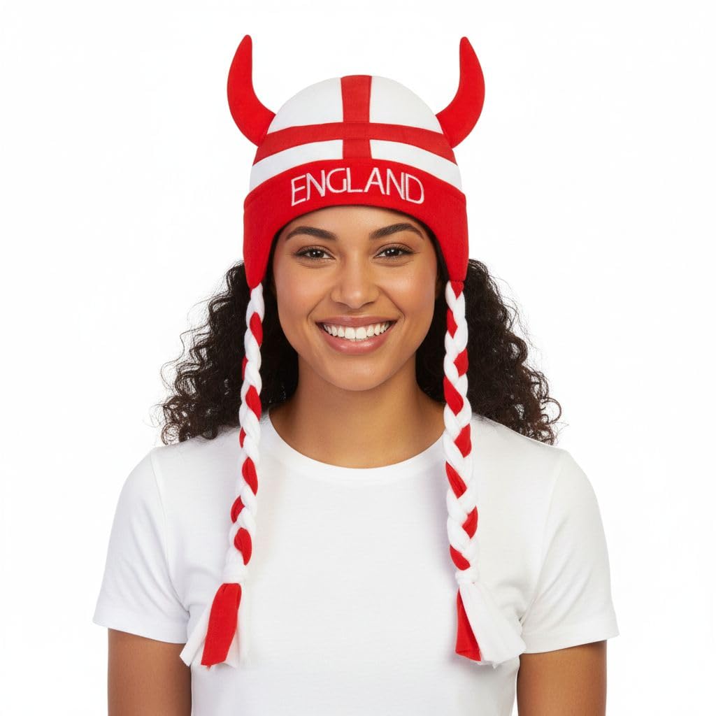 HENBRANDT 1 x England St George's Cross Viking Hat with Plaits Adult - Red White Fancy Dress Novelty Sports Fan Accessory for International Matches Celebrations