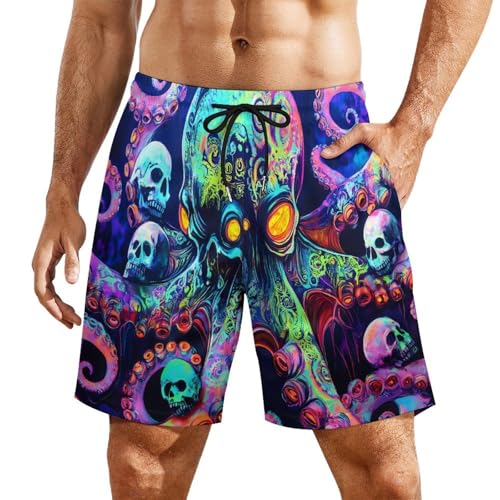 Pantalones cortos de playa de pulpo con diseño psicodélico de calaveras para hombre con cordón
