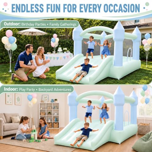 Image of AKSPORT White Bounce House for Kids, Inflatable Bounce House with Slide