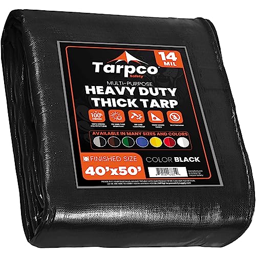 Image of Extra Heavy Duty 14 Mil Tarp Cover, Waterproof, UV Resistant, Rip and Tear Proof, Poly Tarpaulin with Reinforced Edges for Roof, Camping, Patio, Pool, Boat (Black 40′ X 50′)
