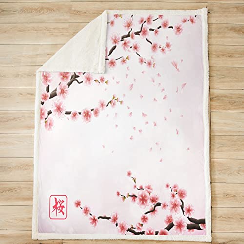 Homemissing Cherry Blossoms Fleece Throw Blanket Girly Pale Pink Blossom Petal Sherpa Blanket For Kids Girls Women Watercolor Floral Fuzzy For Sofa Bed Japanese Style,Double 60x79 Inch - Image 2