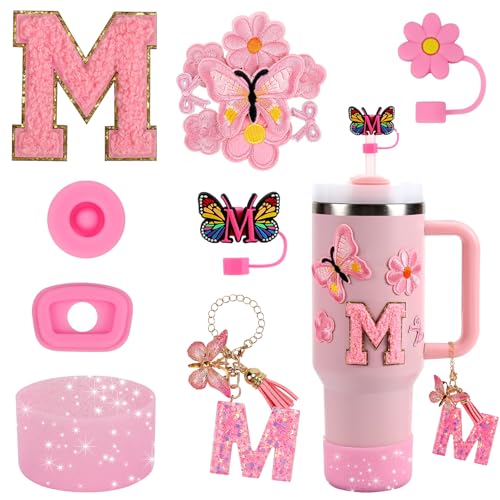 15PCS Cup Accessories Set for Stanley Cup 30oz 40oz Tumbler with Handle Including Silicone Straw Cover and Boot Spill Proof Stopper Stanley Charms Handle Charm Initials Sticker (Letter M Pink)