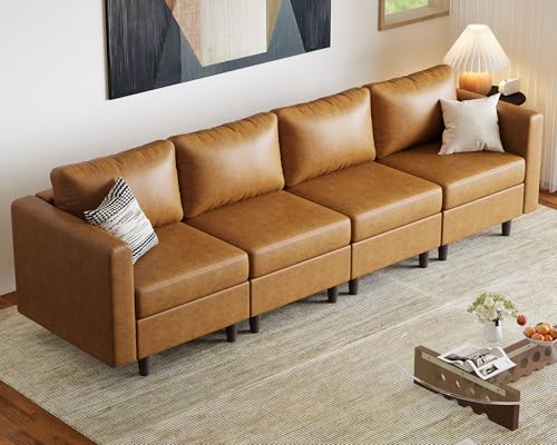 Image of ABCASA Faux Leather Modular Sectional Sofa with Storage Seat, 118.5 inch 4 Seater Couch Deep Seat with Removable Cover Brown